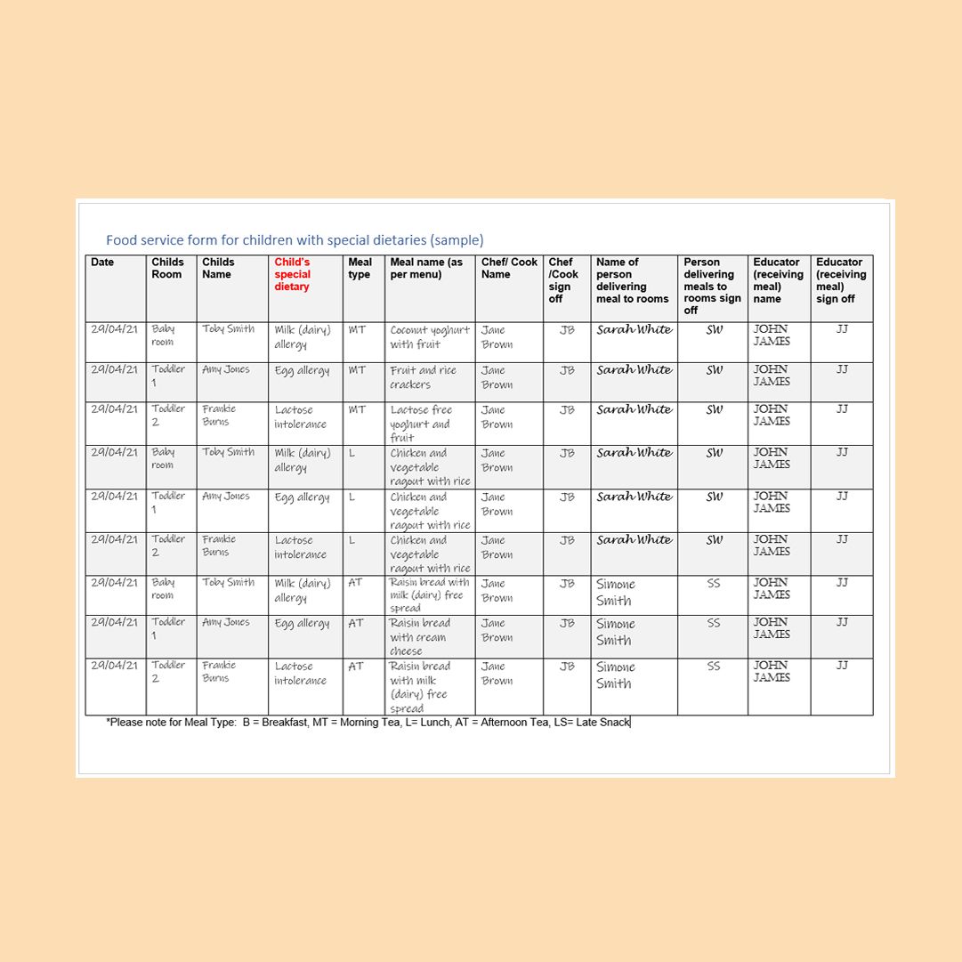 Food service form for children with special dietaries